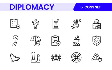 Diplomacy Line  Icons set. Vector illustration in modern thin line style of political dialogue related icons: summit, diplomatic, politics, debate, and more.