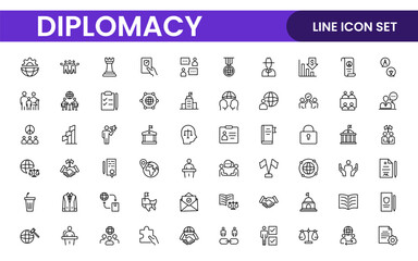 Diplomacy Line  Icons set. Vector illustration in modern thin line style of political dialogue related icons: summit, diplomatic, politics, debate, and more.