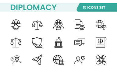 Diplomacy Line  Icons set. Vector illustration in modern thin line style of political dialogue related icons: summit, diplomatic, politics, debate, and more.