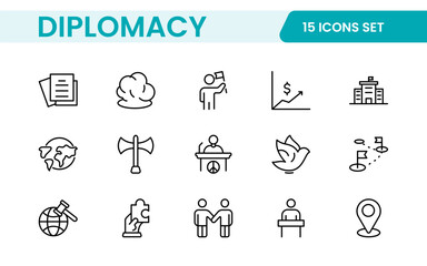 Diplomacy Line  Icons set. Vector illustration in modern thin line style of political dialogue related icons: summit, diplomatic, politics, debate, and more.