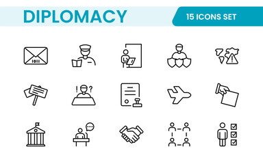 Diplomacy Line  Icons set. Vector illustration in modern thin line style of political dialogue related icons: summit, diplomatic, politics, debate, and more.