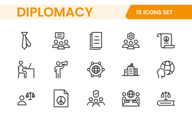 Diplomacy Line  Icons set. Vector illustration in modern thin line style of political dialogue related icons: summit, diplomatic, politics, debate, and more.