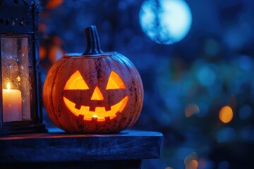 A lit pumpkin placed on a wooden surface, great for fall-themed designs or autumn-inspired compositions