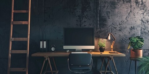 A standard office desk with a computer and chair setup
