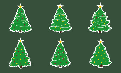Set of stickers of Christmas trees with lush branches, decorated with balls