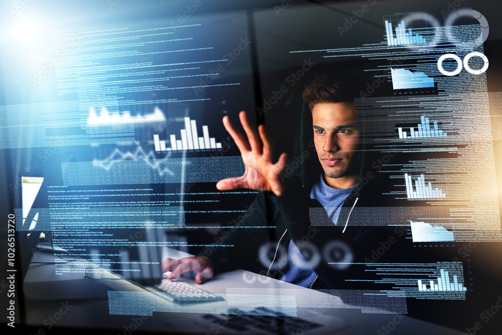 Poster Man, hacker and hologram for coding at night with software programming, information theft and statistics danger. Thief, tech overlay and security phishing for hud, dashboard risk and ransomware crime