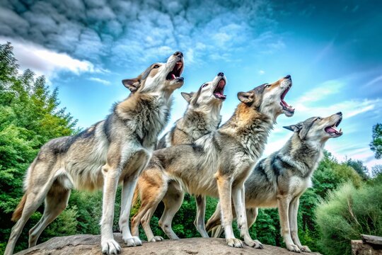 Aerial View of Howling Fenris Wolves on Black Background - Majestic Creatures in Action