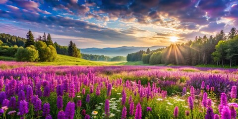 Fototapeta premium Aerial View of Impressionist Purple Flower Meadow in Fine Art Style