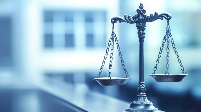 A silver scales of justice, a symbol of law, fairness, and balance, is in focus in the foreground with a blurred city skyline background.