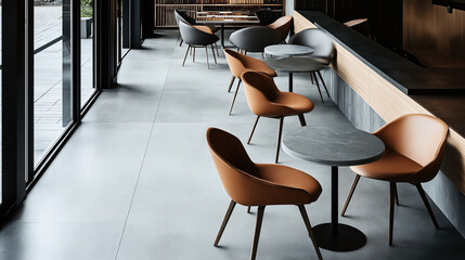 Modern cafe interior with brown and gray chairs around small round tables, featuring large windows and sleek minimalistic design.