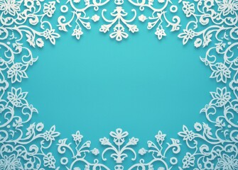 Turquoise Teal Green Mexican Paper-Cut Card with Decorative Border and Blank Space for Writing on a White Background.

