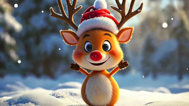 Cute 3D Animated Christmas Reindeer in Snowy Forest with Santa Hat