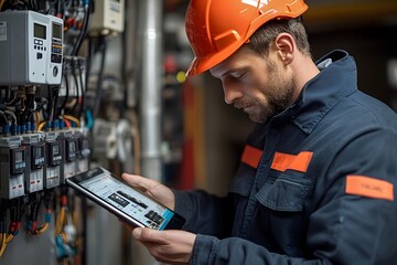 Electrician Adjusting A Smart Home Electrical System With A Tablet