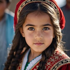 A young girl 5 years old of Tajik nationality stands outdoors, dressed in traditional attire. Her facial expression reflects curiosity and innocence, surrounded by nature's tranquility. AI generated