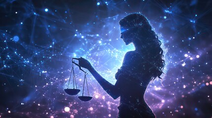 A silhouette of a woman holding scales against a starry night sky.