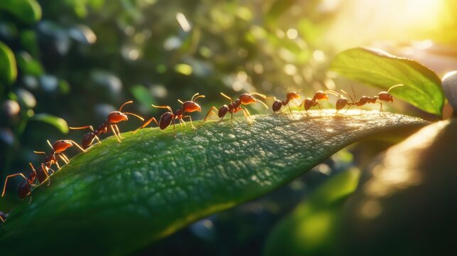 Ants Marching on Leaf in Golden Sunlight