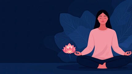 A serene woman meditates in a dark background, holding a glowing lotus flower, embodying tranquility and mindfulness.