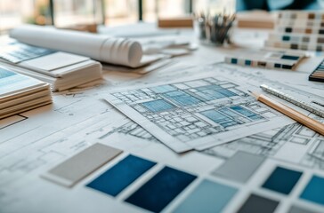 Architectural designs, color palettes, and materials arranged on a workspace table in daylight