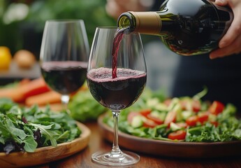 Enjoying red wine with fresh salad on a vibrant dining table during a relaxing evening