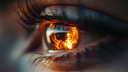 Macro close-up of a human eye reflecting flames, symbolizing inner fire and passion for creative projects and visual arts