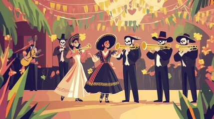 Obraz premium Mexican Day of the Dead: Two Skeletons in Traditional Attire Dancing and Playing Guitar Against a Dark Green Background