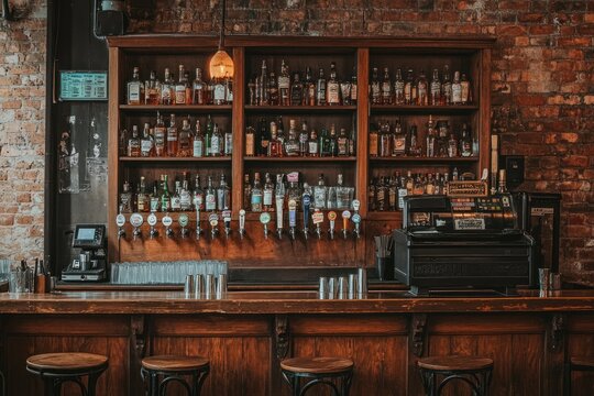 Classic wooden bar with shelves of liquor bottles and glasses