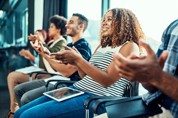 Excited business people, celebration and applause in promotion, announcement or negotiation success at office. Employees, clapping and presentation for partnership, prize or workplace contract goal