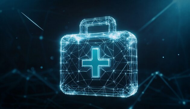 Futuristic polygonal medical icon concept set against a sleek backdrop, showcasing the innovative intersection of technology and healthcare in a modern medical background.