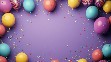 Colorful balloons and confetti arranged on a purple background for a festive celebration