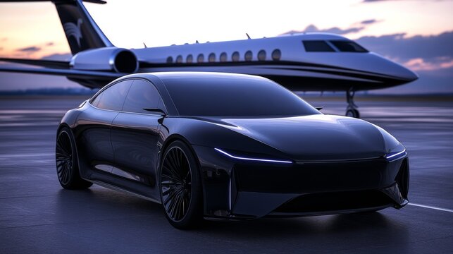 Luxury electric car with private jet in airport setting for modern travel and lifestyle