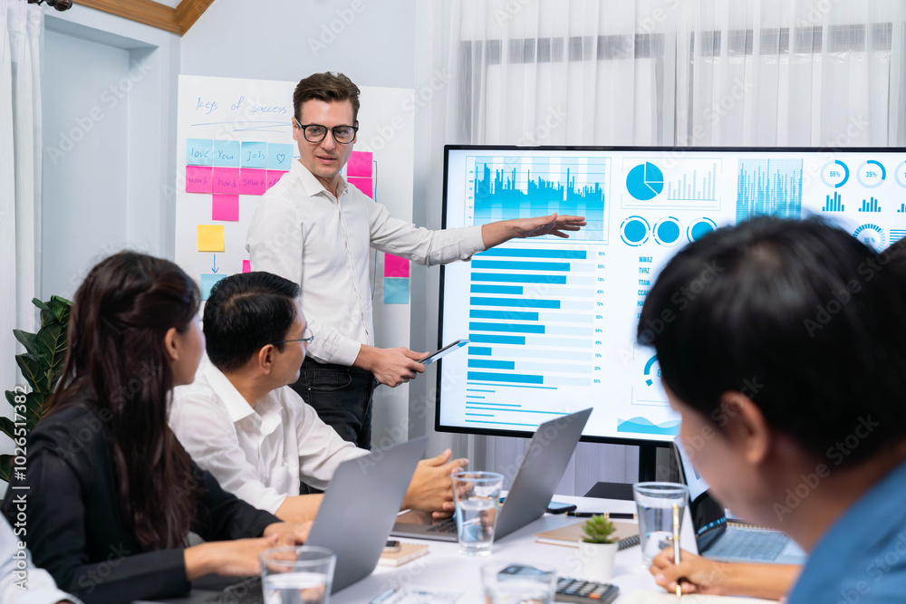 Fototapete Presentation in office or meeting room with analyst team utilizing BI Fintech to analyze financial data. Businesspeople analyzing BI dashboard power display on TV screen for strategic planning.Prudent