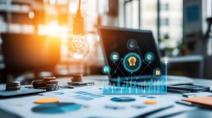 A lit light bulb hangs over a desk with a laptop computer showing a digital display of a network of ideas, along with financial charts and other office supplies.
