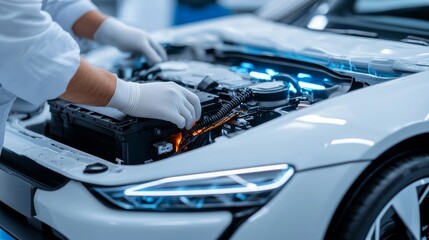 Mechanic inspecting electric car engine components for high-tech automotive diagnostics and repair solutions
