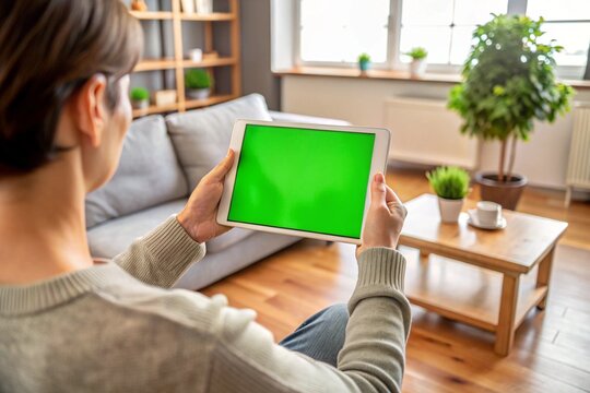 A woman is sitting on a couch holding a tablet with a green screen