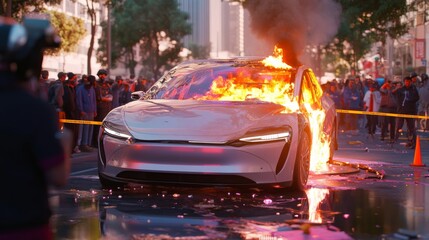 Electric car engulfed in flames during urban fire emergency response and public safety awareness scene