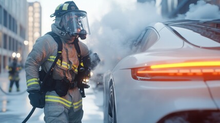 Firefighter controlling electric vehicle fire with smoke for emergency response and crisis management training