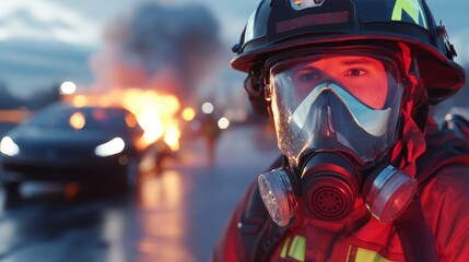 Firefighter in action during electric car fire, highlighting emergency services and safety precautions