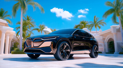 Luxury black electric SUV parked near tropical mansion with palm trees under bright blue sky, modern design, and electric vehicle innovation