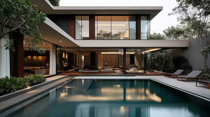 Fototapeta premium Modern luxury house with large glass windows overlooking a swimming pool surrounded by a patio with lounge chairs and lush greenery in a serene setting