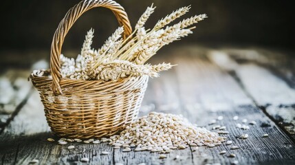 Basket of Wheat on Rustic Wooden Table