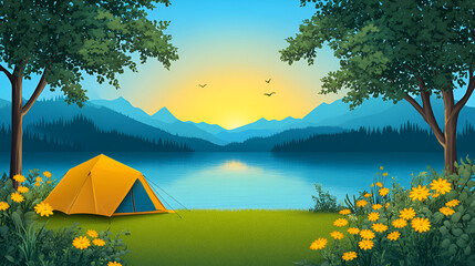 A serene summer evening at a lakeside campsite surrounded by vibrant wildflowers and mountains under a colorful sunset sky