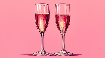 Two elegant champagne flutes filled with sparkling ros&eacute; against a soft pink background create a festive and cheerful atmosphere