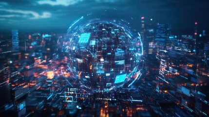 A glowing, digital sphere hovers over a futuristic cityscape at night, representing global connectivity and technological advancement.