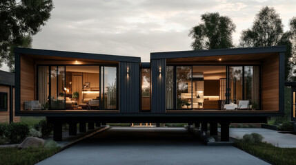 Fototapeta premium Modern modular home exterior with large glass windows and elevated structure surrounded by trees at dusk, displaying contemporary interior design elements.