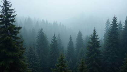 Fototapeta premium Tranquil Foggy Pine Forest Landscape with Misty Atmosphere