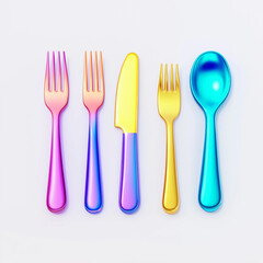 Colorful illustration of shiny cutlery set including forks, knife, and spoon in vibrant gradient colors, modern design, copy space