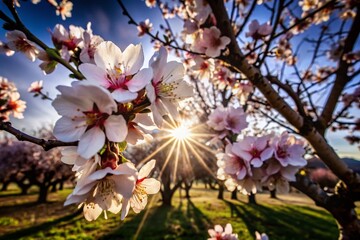 Almond Trees in Blossom: A Stunning Spring Landscape with Sun Rays