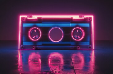 Fototapeta premium A vibrant neon cassette tape glowing against a dark background with reflections on the floor