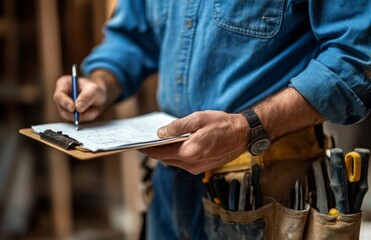 Builder inspecting progress with clipboard and tools at a construction site during daylight