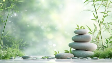 Obraz premium Zen Stones and Bamboo in a Tranquil Green Setting
